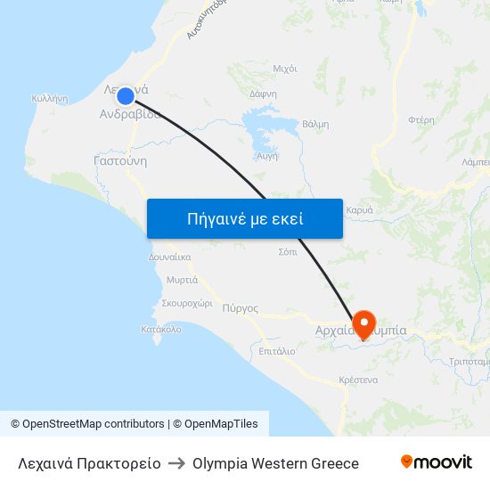 Λεχαινά Πρακτορείο to Olympia Western Greece map