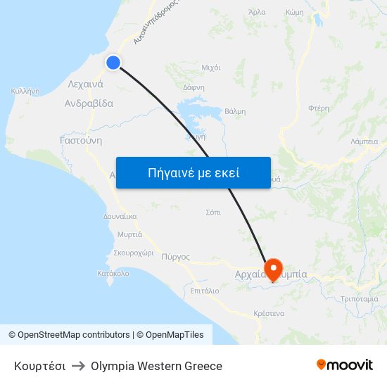 Κουρτέσι to Olympia Western Greece map