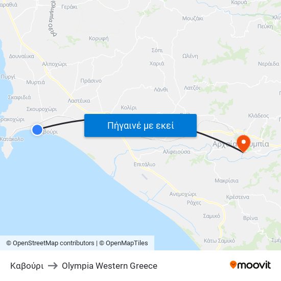 Καβούρι to Olympia Western Greece map