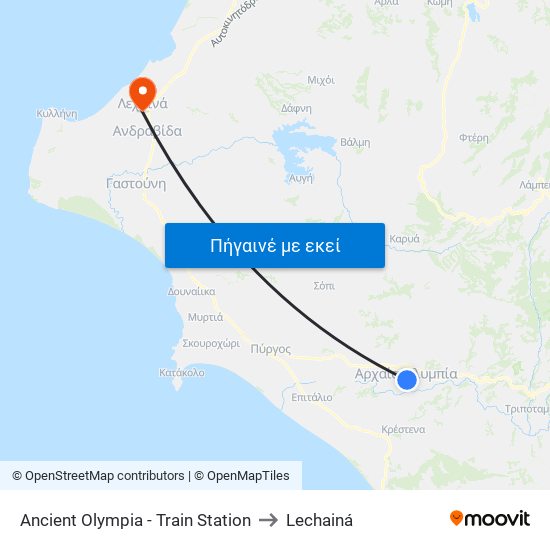 Ancient Olympia - Train Station to Lechainá map