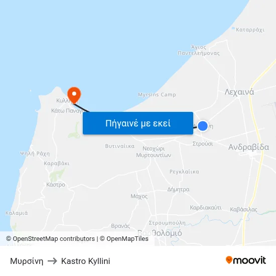 Μυρσίνη to Kastro Kyllini map