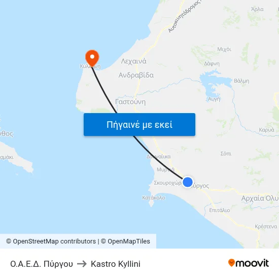 Ο.Α.Ε.Δ. Πύργου to Kastro Kyllini map