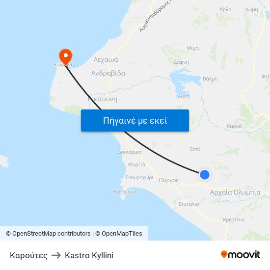 Καρούτες to Kastro Kyllini map