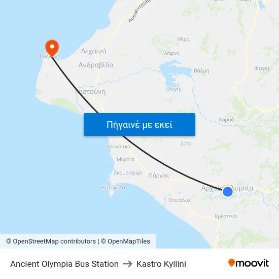 Ancient Olympia Bus Station to Kastro Kyllini map