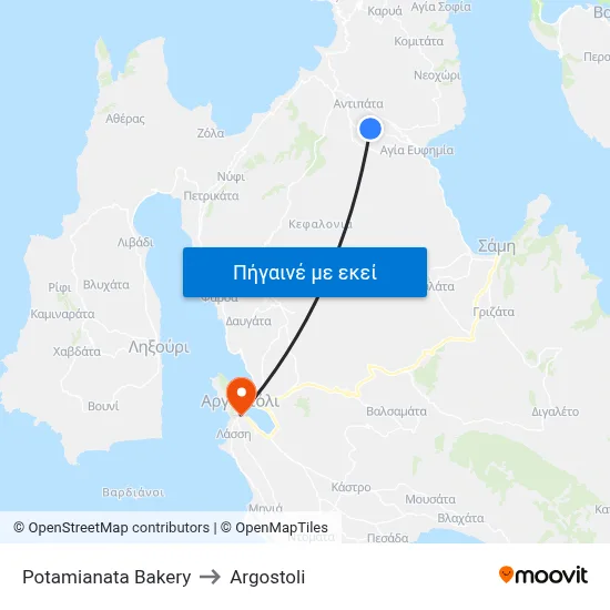 Potamianata Bakery to Argostoli map