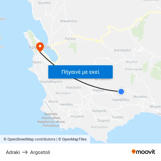 Adraki to Argostoli map