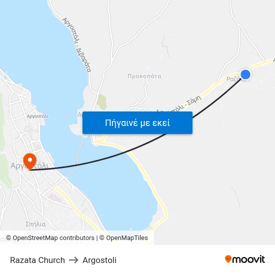 Razata Church to Argostoli map