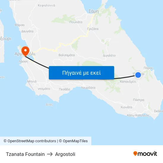 Tzanata Fountain to Argostoli map