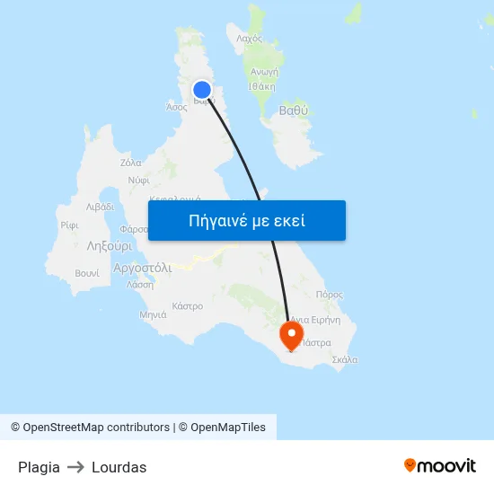 Plagia to Lourdas map