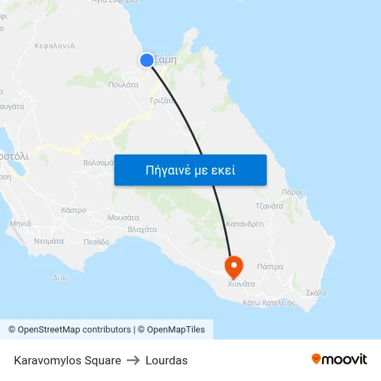 Karavomylos Square to Lourdas map