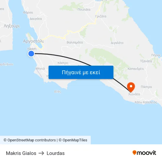Makris Gialos to Lourdas map
