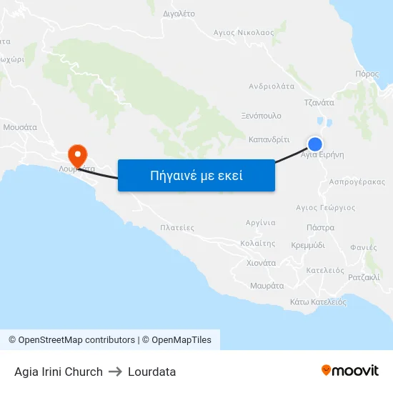 Agia Ιrini Church to Lourdata map