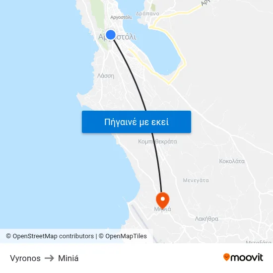 Vyronos to Miniá map