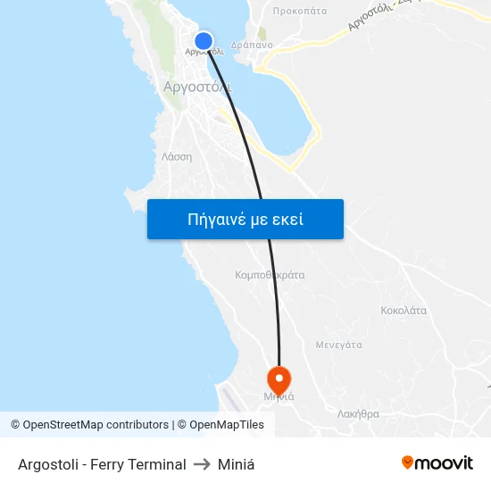 Argostoli - Ferry Terminal to Miniá map