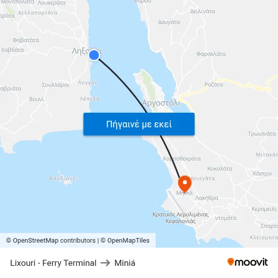 Lixouri - Ferry Terminal to Miniá map