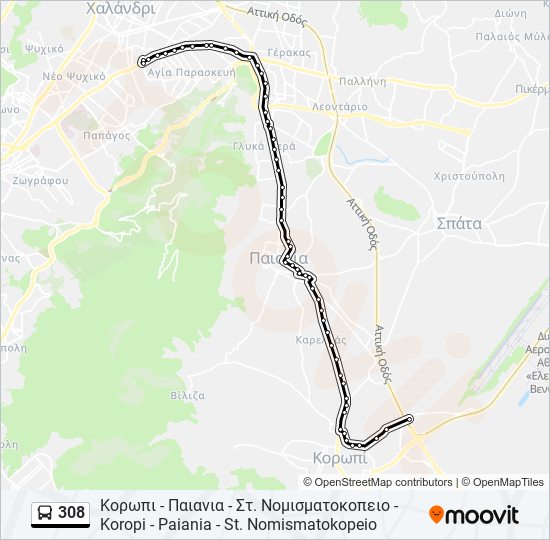 Χάρτης Γραμμής 308 λεωφορείο