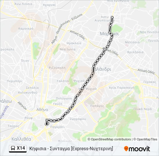 Χάρτης Γραμμής Χ14 λεωφορείο