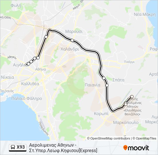 Χάρτης Γραμμής Χ93 λεωφορείο