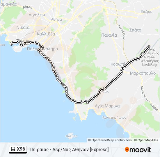 Χάρτης Γραμμής Χ96 λεωφορείο