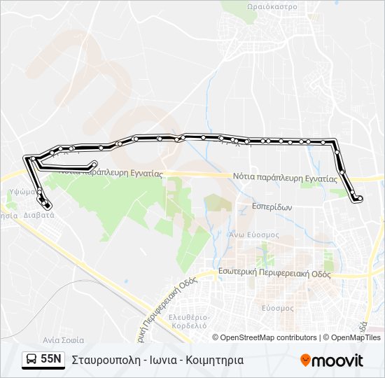 Χάρτης Γραμμής 55N λεωφορείο