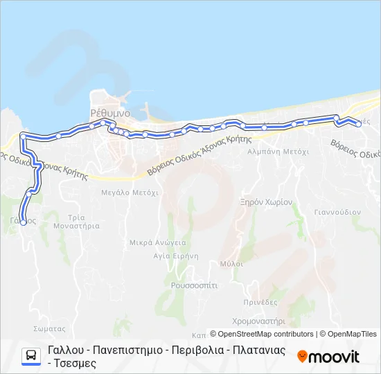 Χάρτης Γραμμής ΤΣΕΣΜΈΣ - ΠΛΑΤΑΝΙΆΣ - ΠΕΡΙΒΌΛΙΑ - ΠΑΝΕΠΙΣΤΉΜΙΟ - ΓΆΛΛΟΥ λεωφορείο