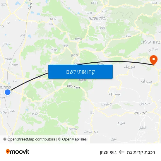 מפת רכבת קרית גת לגוש עציון