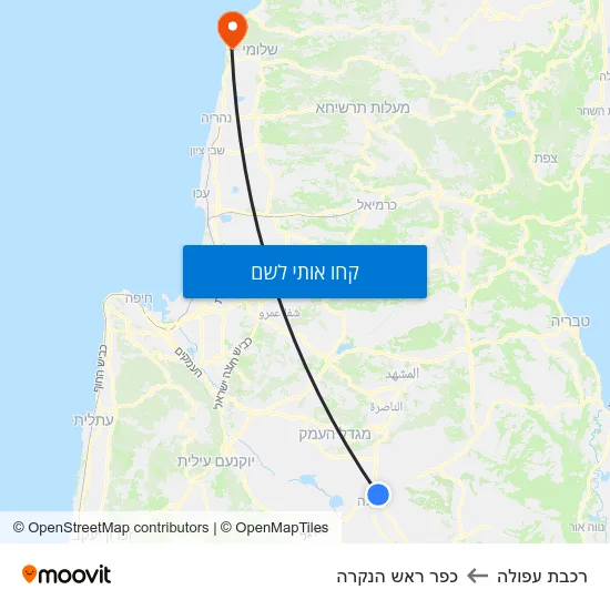 מפת רכבת עפולה לכפר ראש הנקרה