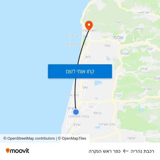 מפת רכבת נהריה לכפר ראש הנקרה