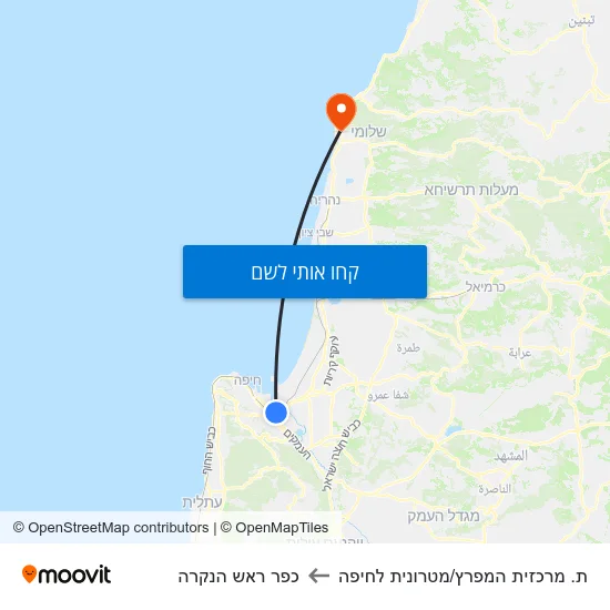 מפת ת. מרכזית המפרץ/מטרונית לחיפה לכפר ראש הנקרה