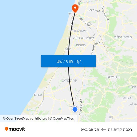 מפת רכבת קרית גת לתל אביב-יפו