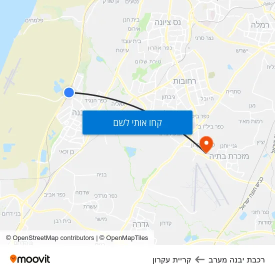 מפת רכבת יבנה מערב לקריית עקרון