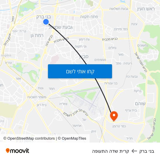 מפת בני ברק לקרית שדה התעופה