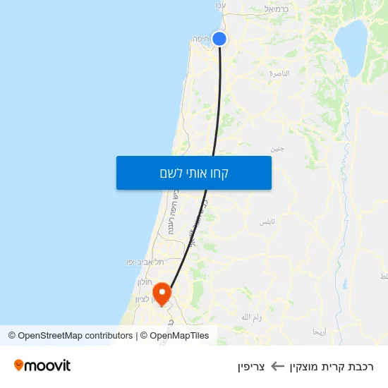 מפת רכבת קרית מוצקין לצריפין