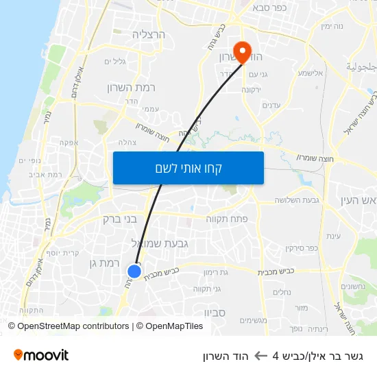 מפת גשר בר אילן/כביש 4 להוד השרון