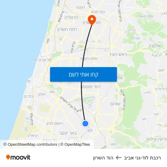 מפת רכבת לוד-גני אביב להוד השרון
