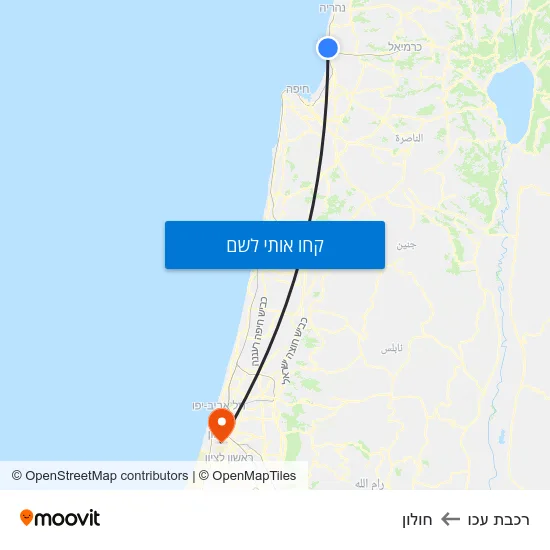 מפת רכבת עכו לחולון