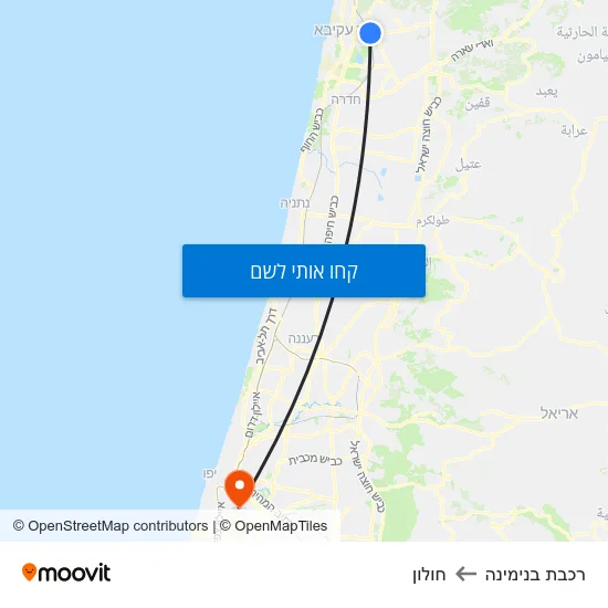 מפת רכבת בנימינה לחולון