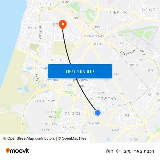 מפת רכבת באר יעקב לחולון