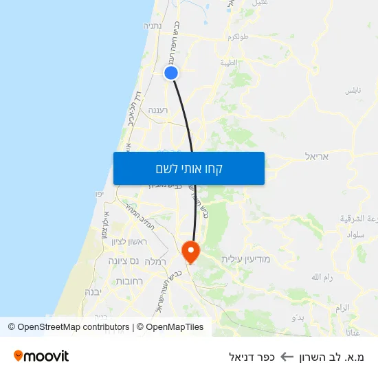 מפת מ.א. לב השרון לכפר דניאל