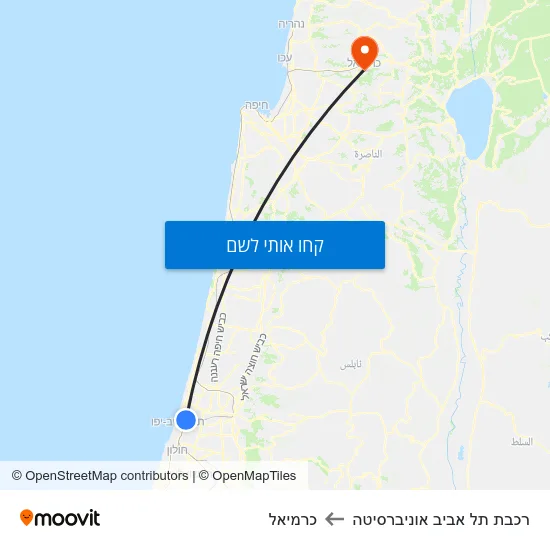 מפת רכבת תל אביב אוניברסיטה לכרמיאל