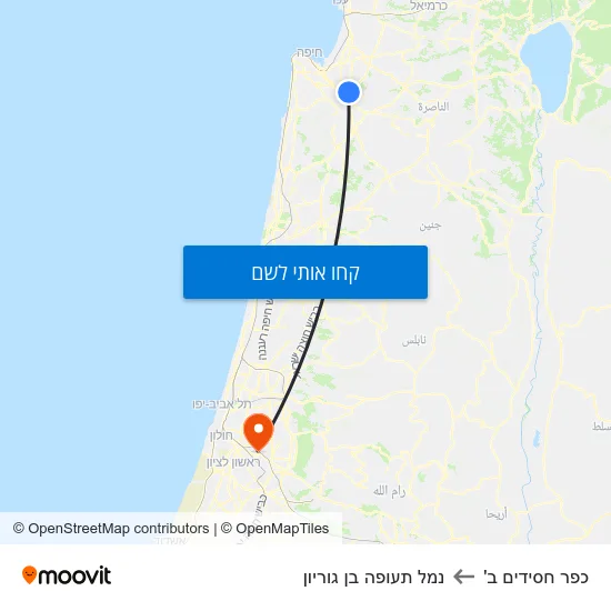 מפת כפר חסידים ב' לנמל תעופה בן גוריון
