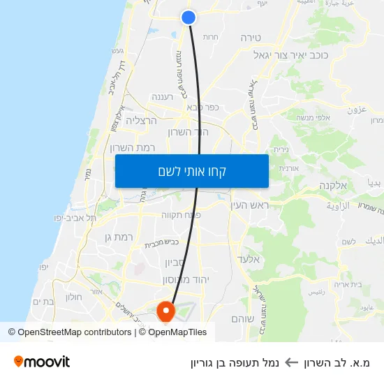 מפת מ.א. לב השרון לנמל תעופה בן גוריון