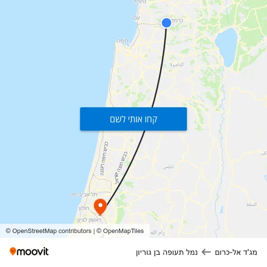 מפת מג'ד אל-כרום לנמל תעופה בן גוריון
