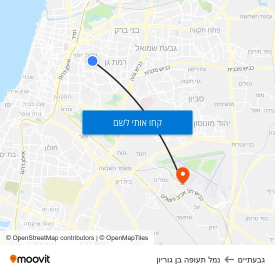 מפת גבעתיים לנמל תעופה בן גוריון