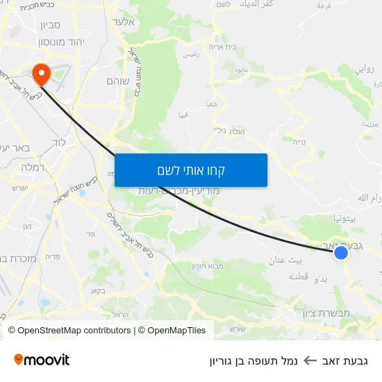 מפת גבעת זאב לנמל תעופה בן גוריון