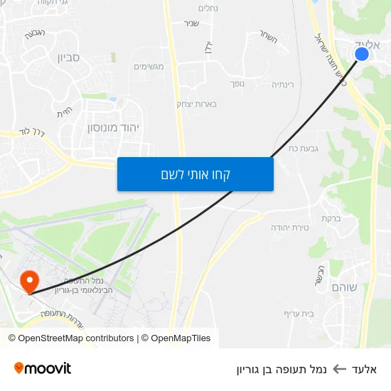 מפת אלעד לנמל תעופה בן גוריון