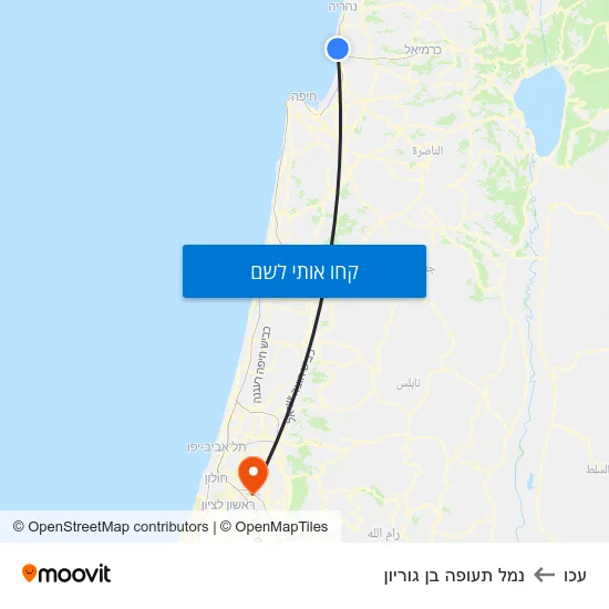 מפת עכו לנמל תעופה בן גוריון