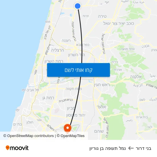 מפת בני דרור לנמל תעופה בן גוריון