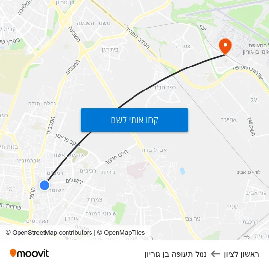 מפת ראשון לציון לנמל תעופה בן גוריון