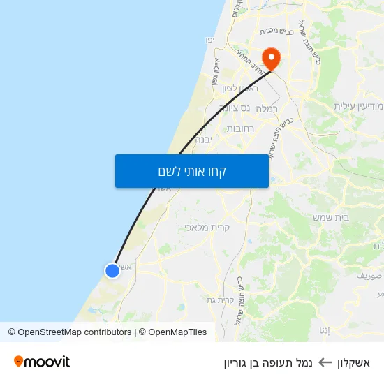 מפת אשקלון לנמל תעופה בן גוריון